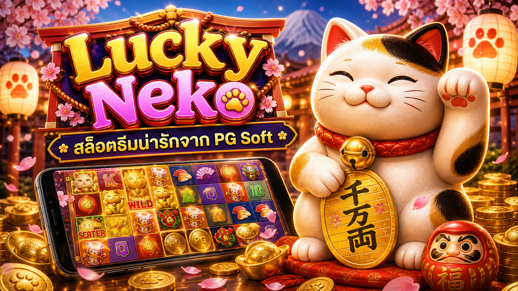 ภาพแบนเนอร์ Lucky Neko สล็อตธีมน่ารักจาก PG Soft
